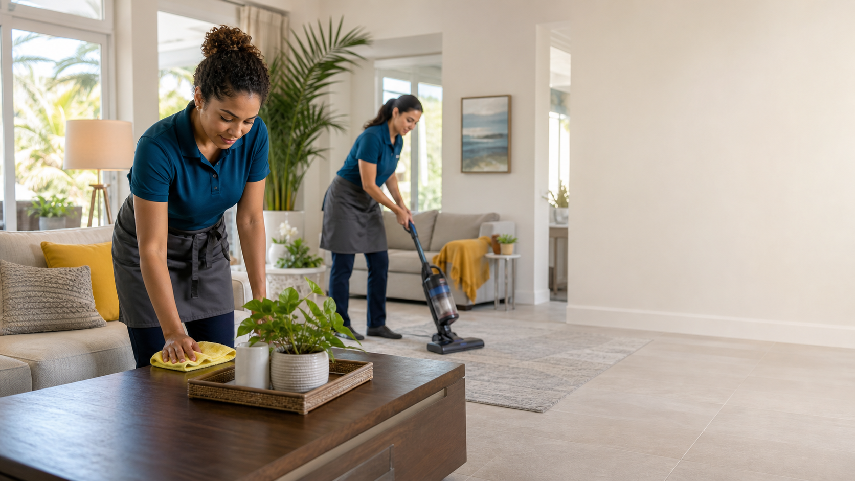 Professional cleaners caring for a bright modern home